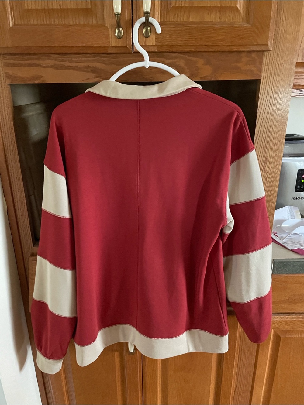 Doe & Rae Red and Cream V-Neck Rugby-Style Sweater - Picture 2 of 2
